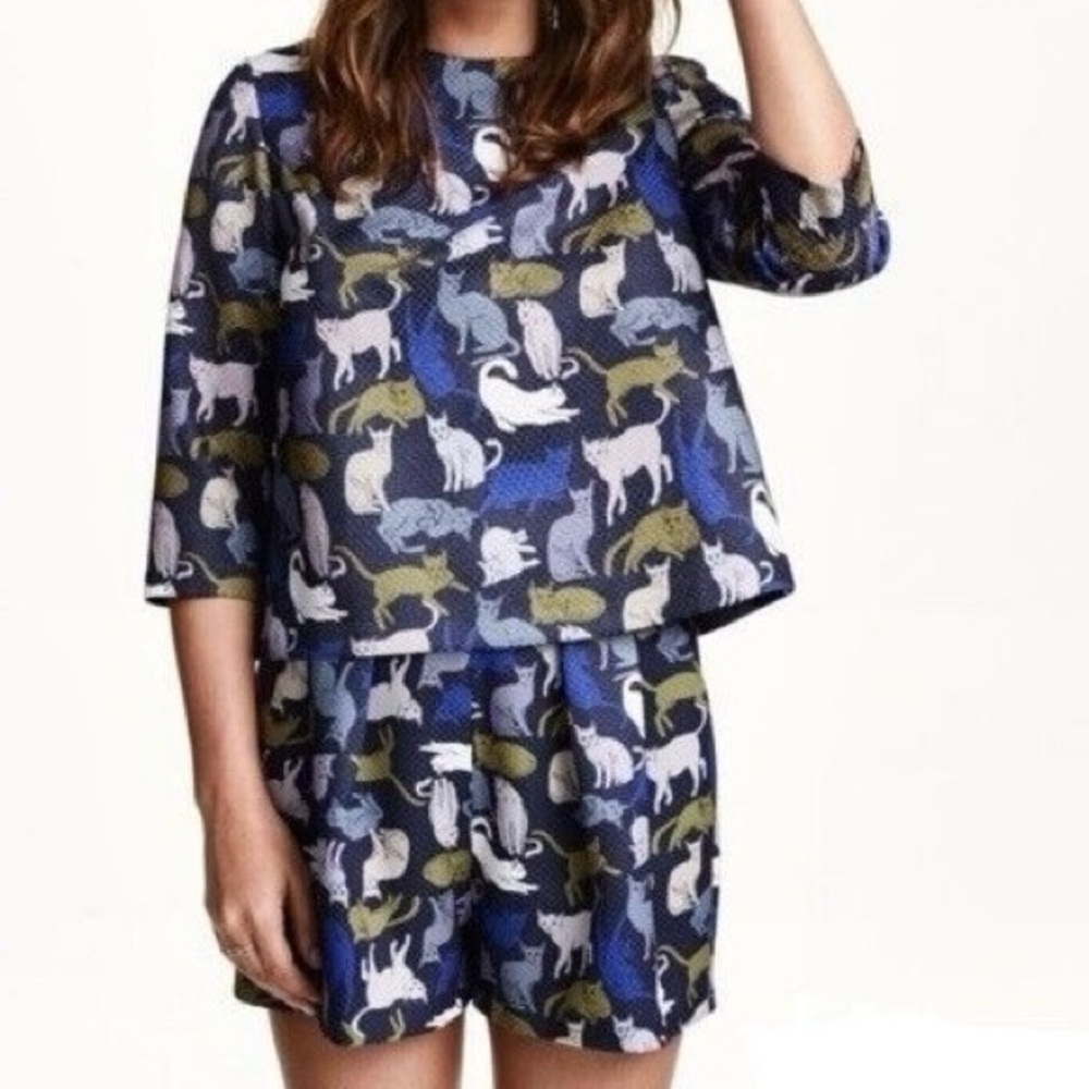H&M Two Piece Set Kitty Cat Novelty Print Whimsy Top Pleated Shorts Loose Fit 4